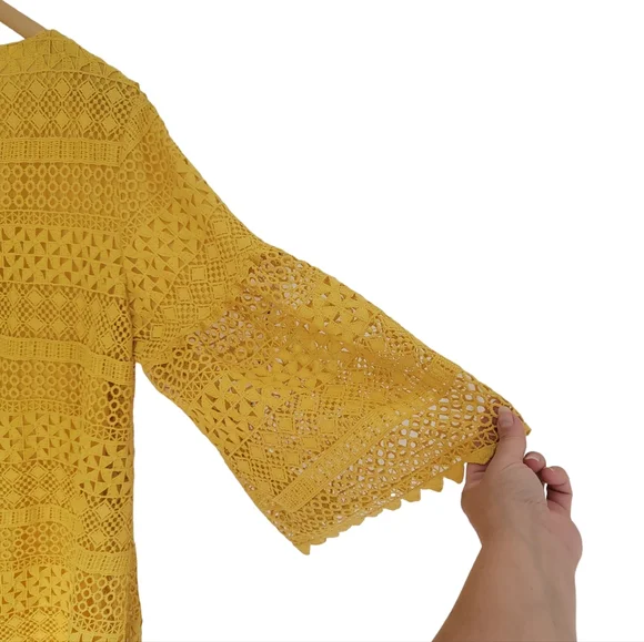 Lauren Ralph Lauren Yellow Bell Sleeve Shift Dress Crochet Lace Scallope… - Picture 9 of 16